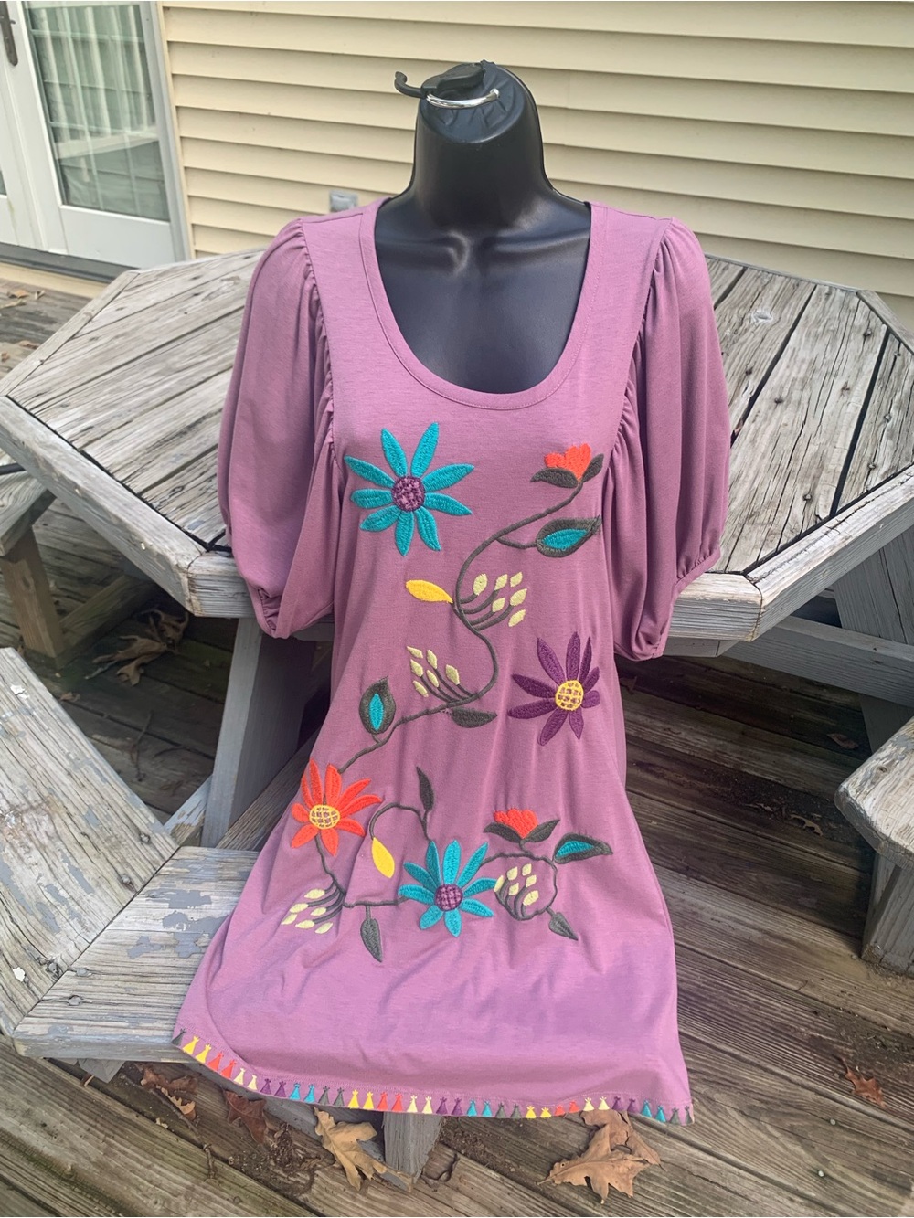 Uncle Frank Purple Embroidered Tassel Floral Boho Puff Sleeve Mini Dress XS